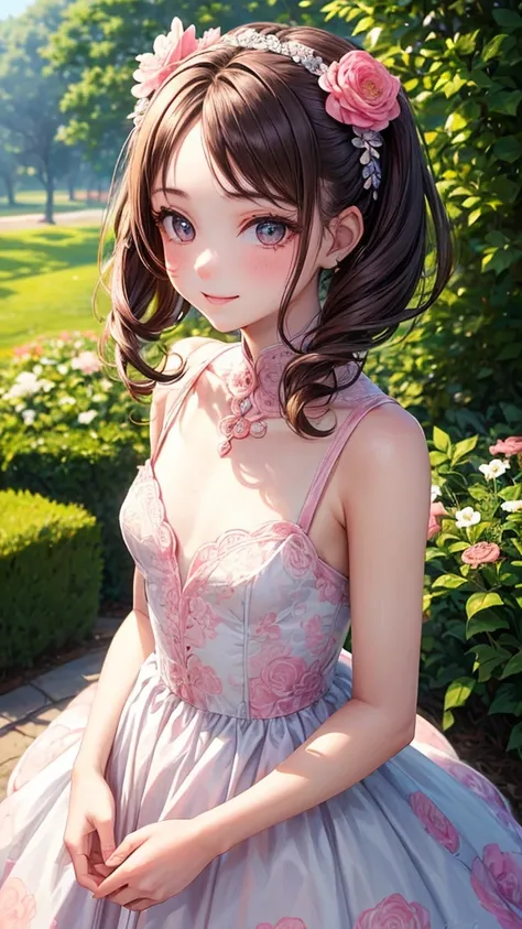 masterpiece, Best Quality, One girl, (a beauty girl, delicate girl:1.3), (15 years old:1.3), Very fine eye definition, (Symmetrical eyes:1.3), (lush park), (dress with white and pink floral pattern:1.3), small breasts, Brown eyes, Parted bangs, Brown hair,...