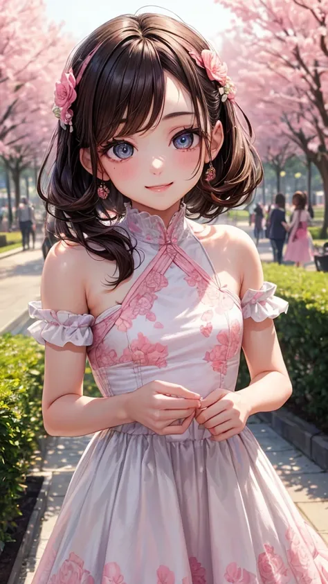 masterpiece, Best Quality, One girl, (a beauty girl, delicate girl:1.3), (15 years old:1.3), Very fine eye definition, (Symmetrical eyes:1.3), (lush park), (dress with white and pink floral pattern:1.3), small breasts, Brown eyes, Parted bangs, Brown hair,...