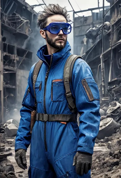 mechanics, dirty, blue jumpsuit, with protective glasses on the forehead, slim, post apocalypse