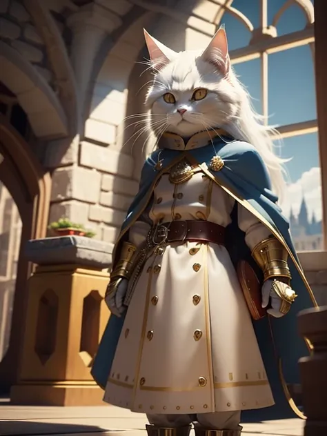 Standing cat in medieval knight costume. Grey and white long-haired breed with big yellow eyes. Blue and gold decorative uniform, red cape, gold buttons and decorations. Red belt with big gold buckle. Background features stone castles and buildings, with a...