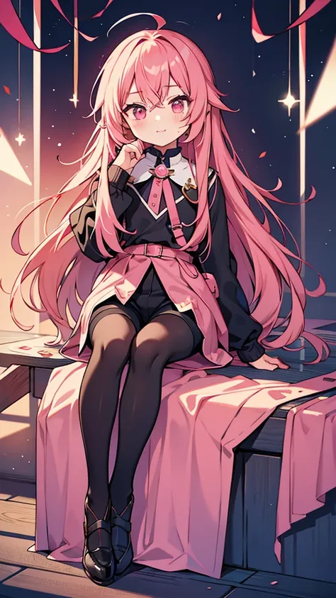 Anime style,shota,pink long hair,hot pants,dark black pantyhose,beaming face,sit,