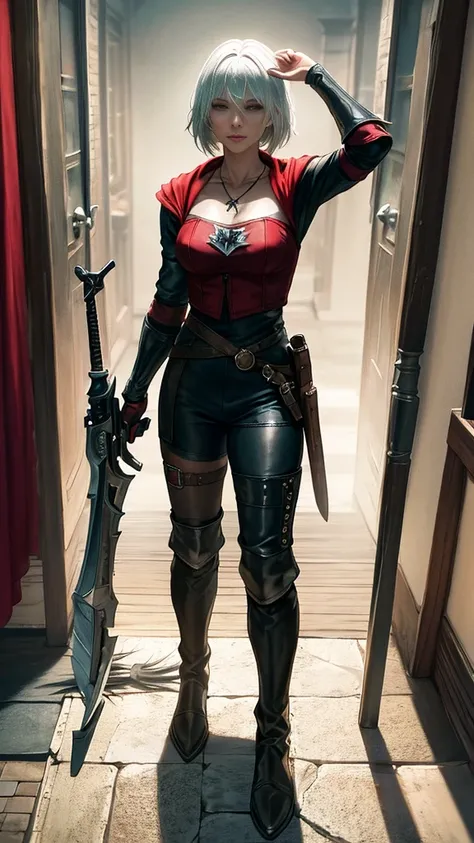 Little Red Riding Hood grew up to be a witcher，Holding a silver sword in his hand，Wearing tights，Cold personality，Wearing a sawed-off shotgun，Wearing long boots，A pair of arm armor，There is a cross pattern on the arm armor，A cross necklace around the neck，...