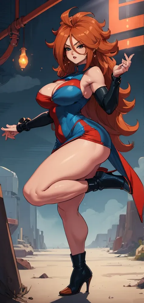 (best qualityer:1.3), android 21, ), busty, cleaveage, (chestnut hair), seductiv, rosto sensuous,  sensuous, curvy body, big-ass, (tight blue and red dress),  short dress, strong legs, strong bodie, brawny 