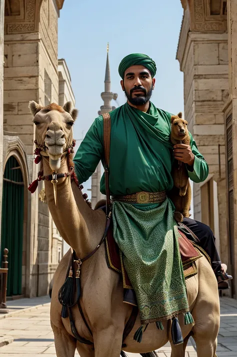 make image of Muslim Man With green Paggri Of Arab Holding Camel and sawing Towards Blue Mosque Al-aqusa