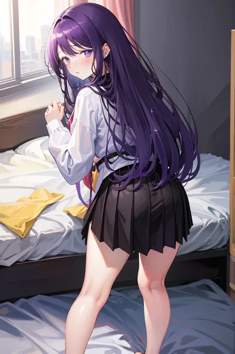 purple skirt、black school uniform、purple skirt、turning around、look back、８k,masterpiece、light purple hair、semi-long hair、、japanes...