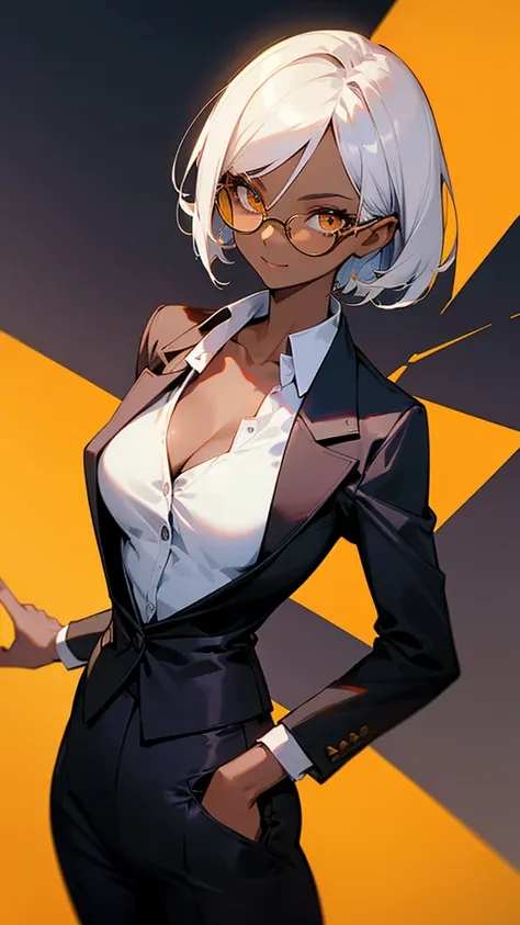 1 Female, adult, dark skinned women, long white short hair, hair over the ears, golden eyes, glasses, black business suit, black tailored jacket, white shirt, black pantsuit, office background, malicious smile, sharp eye, collarbone, point at viewers,