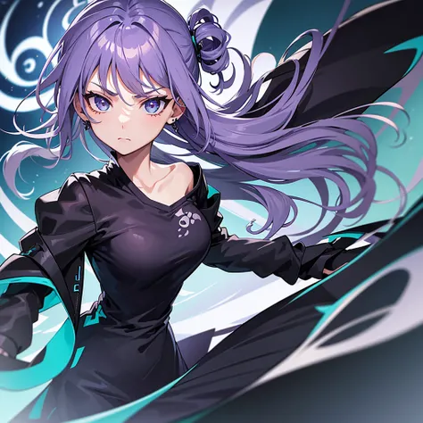 Anime panel, one woman intense turquoise eyes, upper body, gray wavy hair with purple highlights, serious, ear piercing, black casual outfit