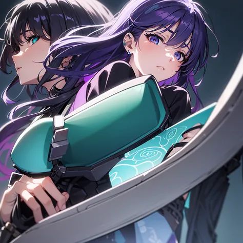 Anime panel, one woman intense turquoise eyes, upper body, gray wavy hair with purple highlights, serious, ear piercing, black casual outfit