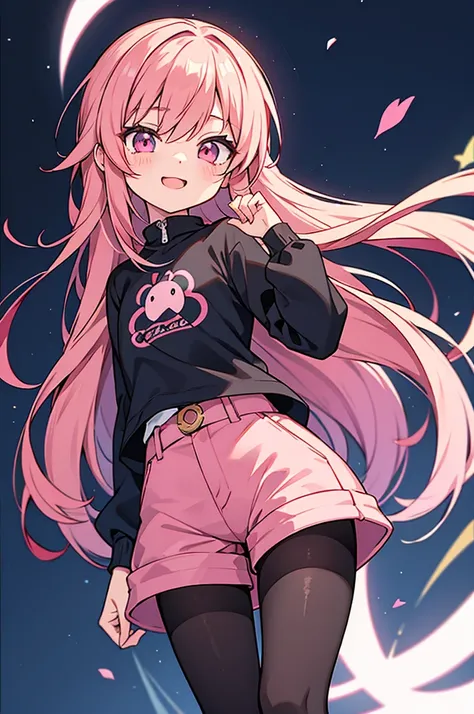 Anime style,shota,pink long hair,hot pants,dark black pantyhose,beaming face,