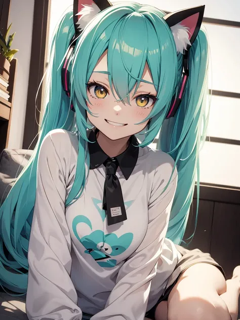 hatsune miku, pijama, yellow eyes, cat ears, smiling