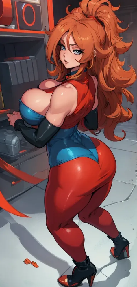 (best qualityer:1.3), android 21, ), busty, cleaveage, (chestnut hair), seductiv, rosto sensuous,  sensuous, curvy body, big-ass, (tight blue and red dress),  short dress, strong legs, strong bodie, brawny 