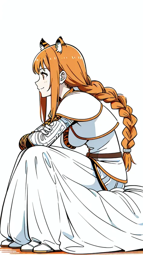 (1girl,20 years old,mature female,solo),tiger ears,long hair,(twin braids),orange hair,white armor,(white background,line drawing),smile,sitting,profile, looking away