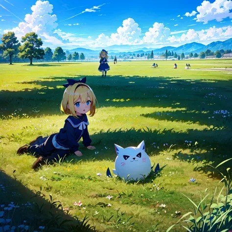 High-definition background, bright and beautiful atmosphere, 3 girls (2 years old, (1 short-tempered round face), (1 child)) (hair, surface effect), color effect), small breasts, blonde hair, very wide blue sky , a lawn that can be seen all the way to the ...