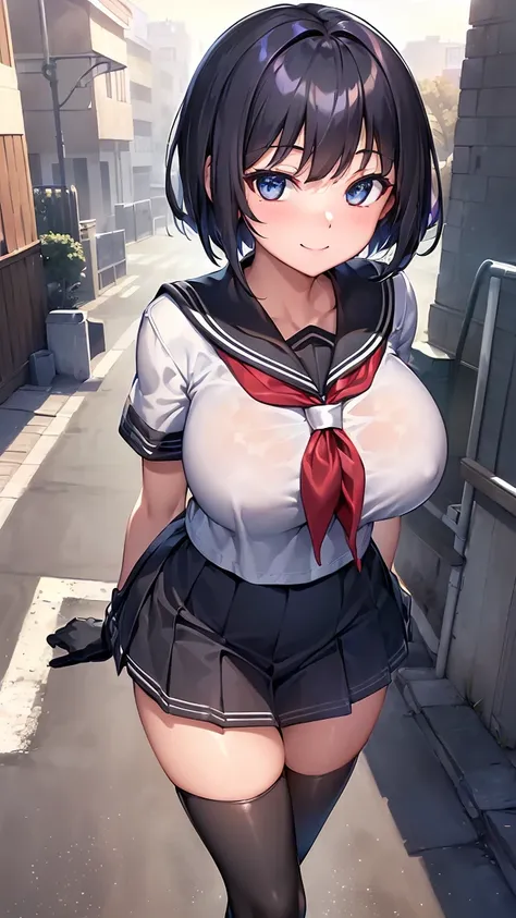 ​(morning, crossing, neighborhood, schoolway :1.4), high resolution, extremely detailed CG, unity 8k wallpaper, super detailed skin, perfect anatomy, detailed, cinematic lighting, dynamic lighting, beautiful detailed eyes, black short hair, (smile:1.2)、(lo...