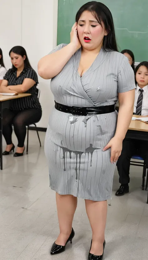 1woman,(masterpiece:1.8),photo-realistic,16k,(beautiful 30s japanese plump lady:1.3), (gray knit pinstripe dress:1.4),belt,slipper,(whimpering:1.6),(panicking:1.6),(crying:1.7),(handing on wetting crotch with both hands:1.2),(classroom:1.2),(crowd kids:1.3...