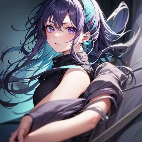 Anime panel, one woman intense turquoise eyes, upper body, gray wavy hair with purple highlights, serious, ear piercing, black casual outfit