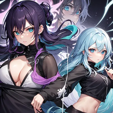 Anime panel, one woman intense turquoise eyes, upper body, gray wavy hair with purple highlights, serious, ear piercing, black casual outfit