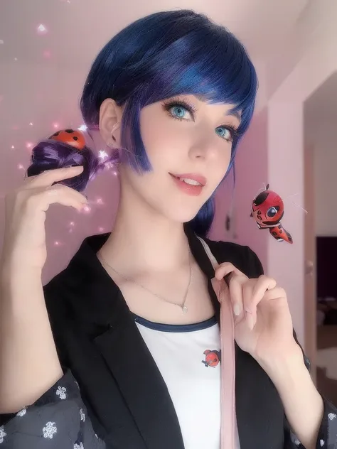 there is a woman with blue hair holding a toy and a doll, Miraculous ladybug, professional cosplay, realistic cosplay, Miraculous, cosplay anime, chica anime cosplay, glamorous cosplay, anime inspired, cosplay, anime girl in real life, cosplay completo, al...