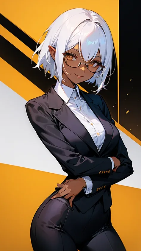 1 Female, adult, dark skinned women, long white short hair, hair over the ears, golden eyes, glasses, black business suit, black tailored jacket, white shirt, black pantsuit, office background, malicious smile, sharp eye, collarbone,