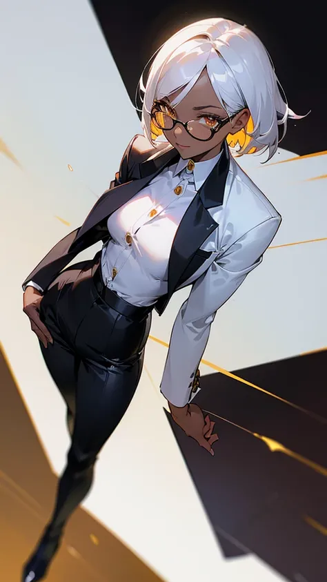 1 Female, adult, dark skinned women, long white short hair, hair over the ears, golden eyes, glasses, black business suit, black tailored jacket, white shirt, black pantsuit, office background, malicious smile, sharp eye, collarbone,