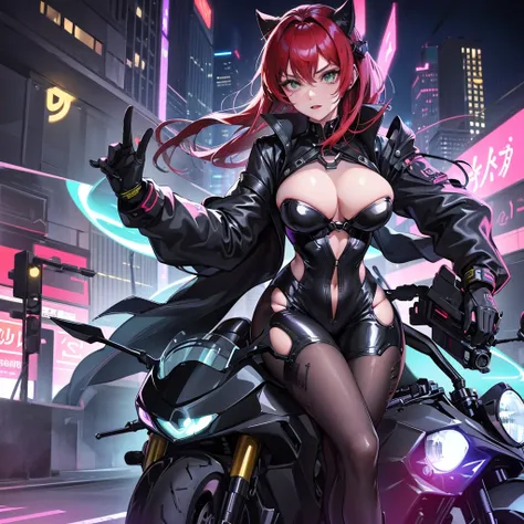 The image shows an illustrated character sitting on a CV 190 Honda. The character has short hair and wears a suit with black violet colors and yellow neons that surround his prominent bodysuit.... The motorcycle looks big and futuristic., same color palett...