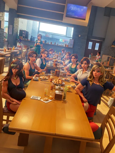 Six beautiful women, all muscular, posing for a background inside a beautiful cafe, on a sunny day