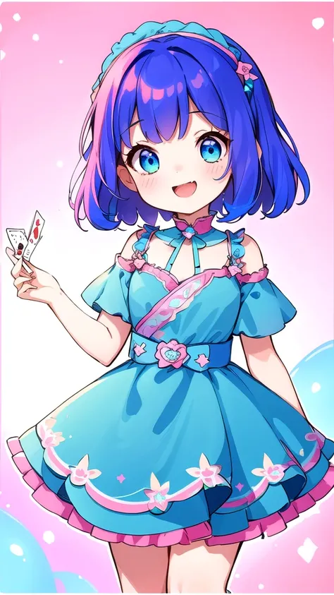 (8K, Highest quality, masterpiece:1.2),(Highest quality:1.0), (Ultra-high resolution:1.0),girl , Bobcut,  chibi,Laughing、Card reading at fortune telling with card in hand、Blue dress、Pink and teal gradient hair、Pink and blue gradient eyes