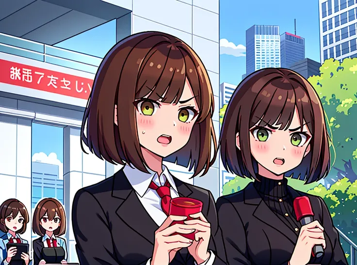 news station, serious face office lady, brown hair, bob cut, upper body. open mouth, small wipe of park, detailed news program, [pixel art]