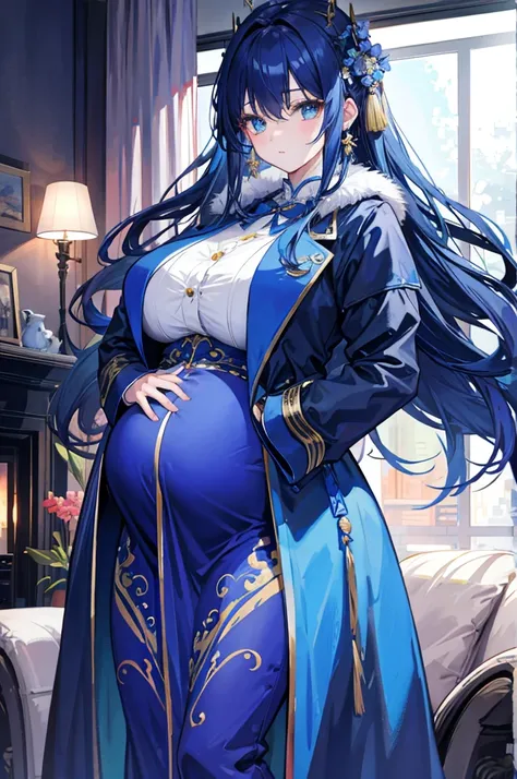 1 Girl，(Dim Lights)、[Detailed background(living room))、Coat，Blue long hair，Huge breasts，Pregnant