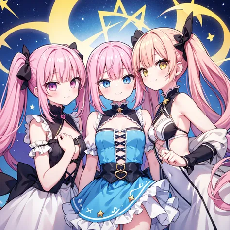 masterpiece, best quality, hyper detailed, 3girl, evil smiling, looking at viewerery,flat chest,blue hair,short twintails,middle hair,sky blue eyes
1girl, evil smiling, looking at viewer,flat chest,small breasts,pink hair,twintails,middle hair,pink eyes,wi...