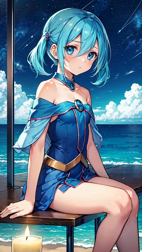 Bar in the sky, 1girl, solo, alone, ,flat chest,blue hair,short twintails,middle hair,sky blue eyes,sitting at bar counter, from side, drinking, (ocean:1.3), candles, starry sky, shooting stars, masterpiece, best quality, ultra detailed,bar