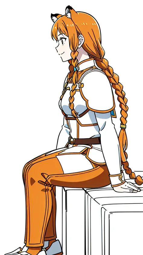 (1girl,20 years old,mature female,solo),tiger ears,long hair,(twin braids),orange hair,white armor,(white background,line drawing),smile,sitting,profile, looking away