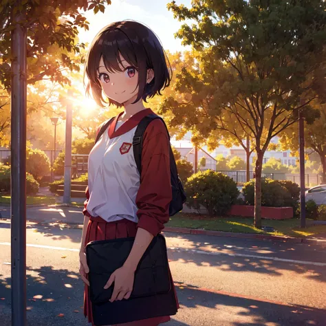 absurdres, highres,
BREAK
girl wearing red jersey, background is school playground, holding a binder, standing, Refreshing sunlight, sweat, smile,