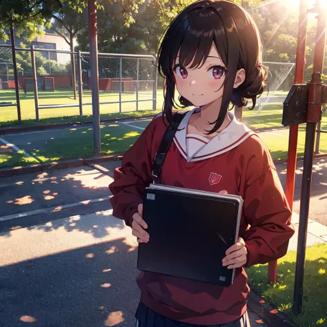 absurdres, highres,
BREAK
girl wearing red jersey, background is school playground, holding a binder, standing, Refreshing sunlight, sweat, smile,