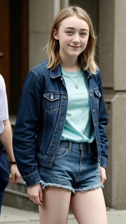 Saoirse Ronan dressed in teenage clothes and smiling sexy.