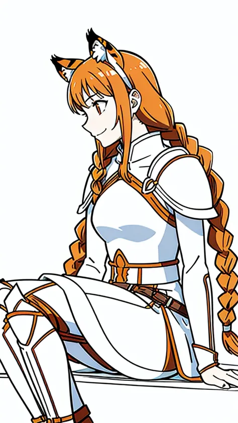 (1girl,20 years old,mature female,solo),tiger ears,long hair,(twin braids),orange hair,white knight armor,(white background,line drawing),smile,sitting,profile, looking away