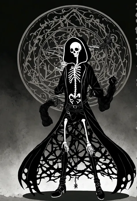 a necromancer skeleton that wears black mesh clothing covering its skeletal body, leaving only its head showing, wearing a black coat with a hood over the knitted clothing, black leather gloves, black leather boots with some belts that hold them up, a silv...