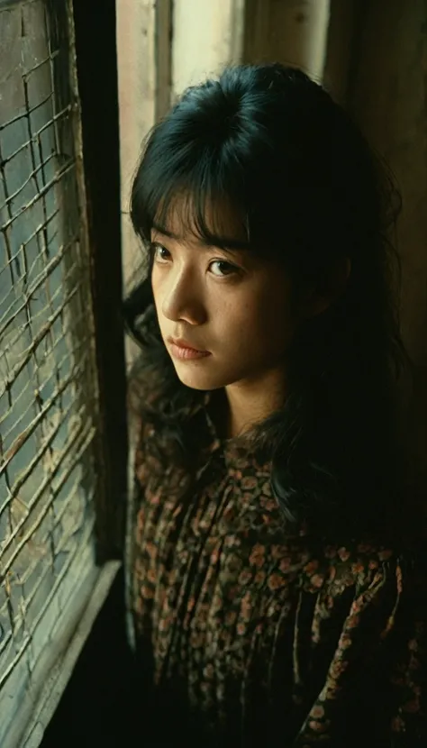 Extreme high angle shot from above, 17 yo girl, 1970s style hair and dress, looking at camera, drama movie, movie still, lighting through window, shadows on face, wong kar wai color palette
