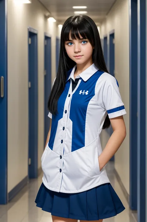 Capture of girl from my hore academy. 
Cute girl with white skin, black straight hair, bright blue eyes, shy facial expression, wearing the UA uniform and standing in the halls of the UA.