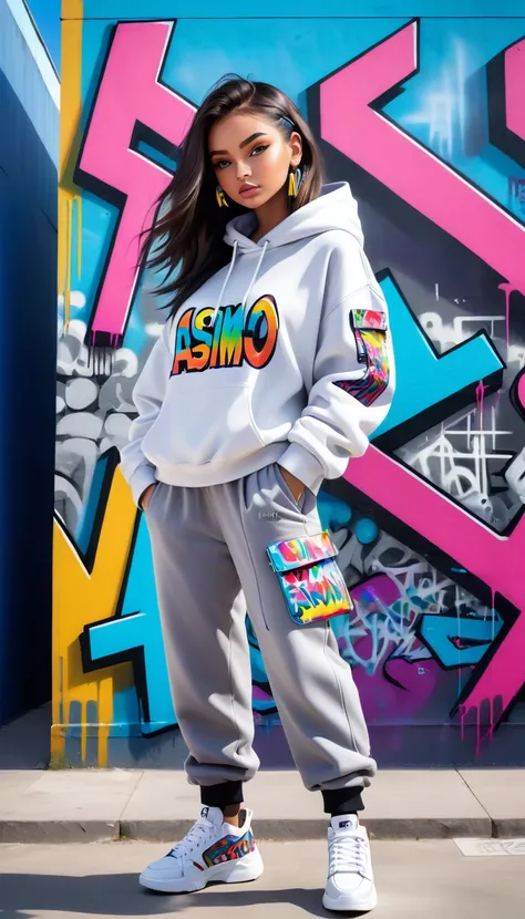 Capture a stylish girl in a hype outfit, complete with trendy sneakers, oversized hoodie, and edgy accessories. Shes posing confidently in front of a modern, urban building. Behind her, theres a large, vibrant graffiti mural featuring the word SASIMO in bo...