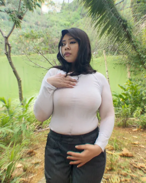 Indonesian woman, thick body, cold atmosphere ,bikini thick cheeks , full body , random pose, wavy short hair , thick hips, 40 years old , slightly fat arms , slightly fat belly , thick thighs pants 