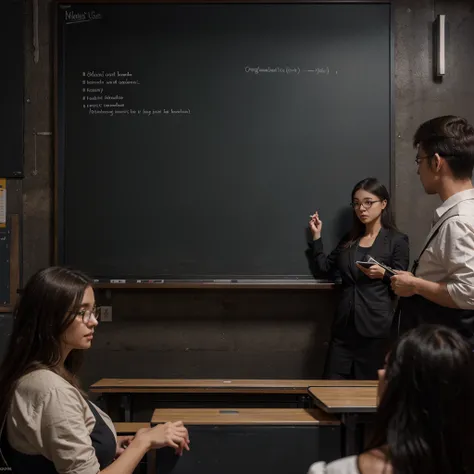 a professor in a classroom, explaining the presentation on the blackboard of the different labeled containers (organic, inorganic, hazardous), detailed anime style, extremely detailed facial features, precise gestures, cinematic lighting, vibrant colors, i...