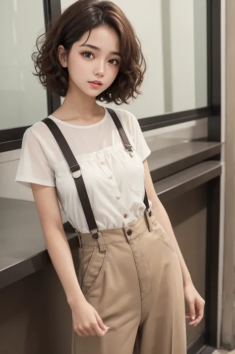 A girl with fair skin, with short brown curly hair, with light brown eyes. With a white blouse and black pants overalls