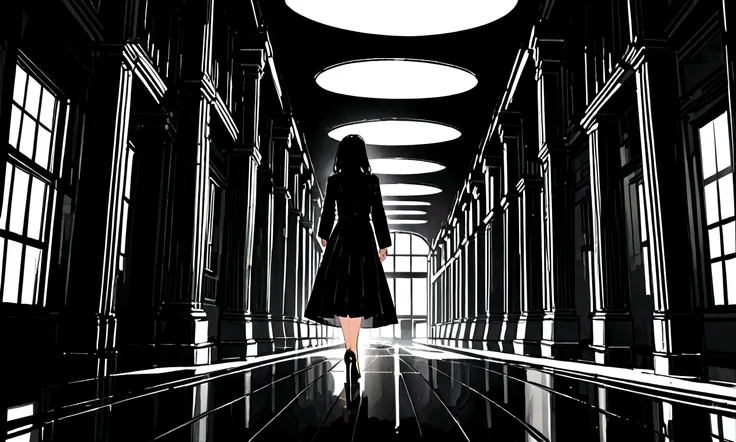 Create only the woman&#39;s feet,Walking in heels,Black heels,Only the knees and below are visible,Dim moonlight,The light is dim,Corridor inside the building,Wearing a long black skirt,There is no light from outside,Horror atmosphere.