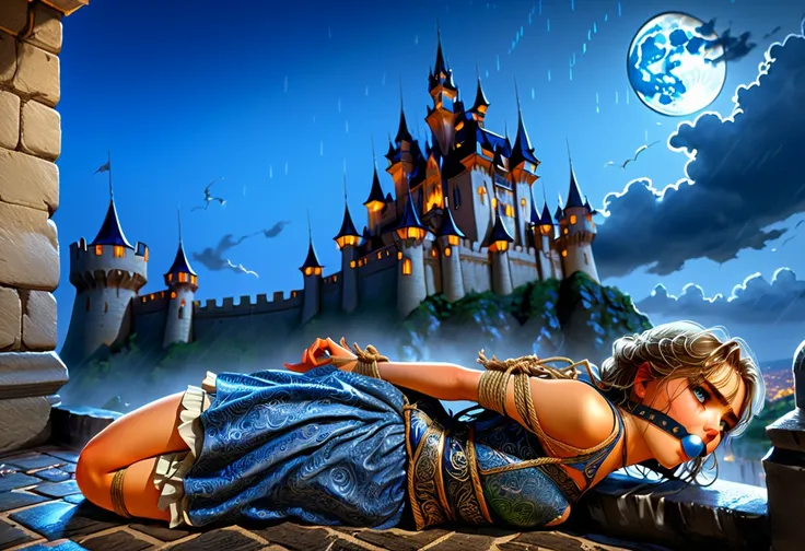 Graphics novel illustration, best quality, high resolution, 8k aesthetic, mesmerizing celestial moonlight, Over the walls of a large castle. A beautiful young woman in a short (Armored Dress), hogtied&gagged, ((laying on stomach)), short skirt, feet bound,...