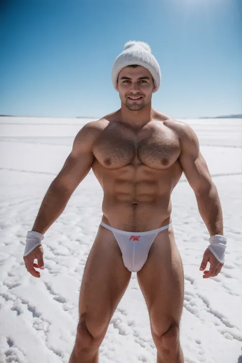 1 stocky shirtless Russian gay is standing with his legs and thighs opened and spread in the snow with wide landscape of snowfield , 1 man only, no other people, iceblocks and icelake and snow scene, he is wearing white fur gloves, fur woolen hat to cover ...