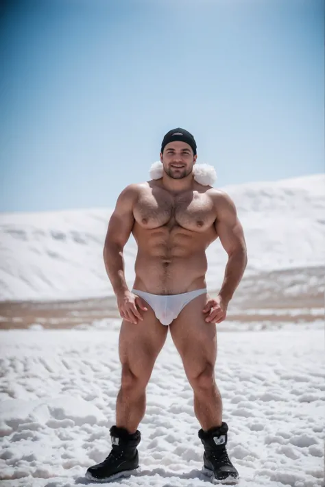 1 stocky shirtless Russian gay is standing with his legs and thighs opened and spread in the snow with wide landscape of snowfield , 1 man only, no other people, iceblocks and icelake and snow scene, he is wearing white fur gloves, fur woolen hat to cover ...