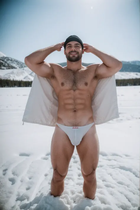 1 stocky shirtless Russian gay is standing with his legs and thighs opened and spread in the snow with wide landscape of snowfield , 1 man only, no other people, iceblocks and icelake and snow scene, he is wearing white fur gloves, fur woolen hat to cover ...