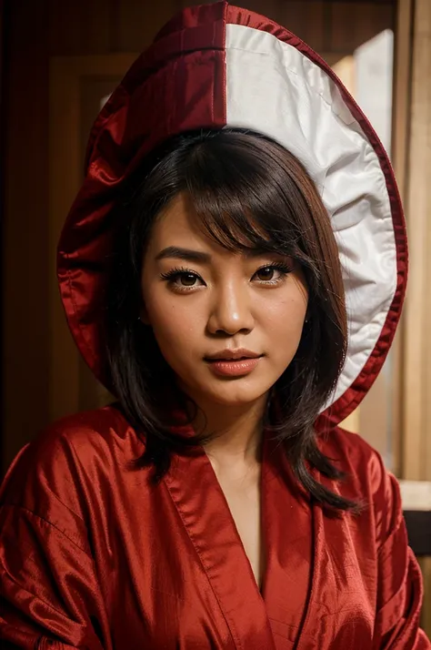 Caricature of the face of a beautiful Asian Indonesian woman wearing a red robe