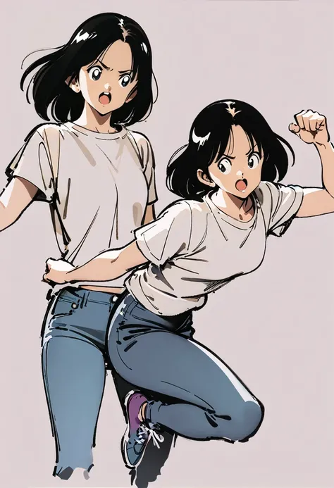 (((Dynamic pose))),((Open mouth expression)) , ((masterpiece)),(((Highest quality))),((((sketch)))),((Monochrome)),girl,Black Hair,T-Shirts,jeans